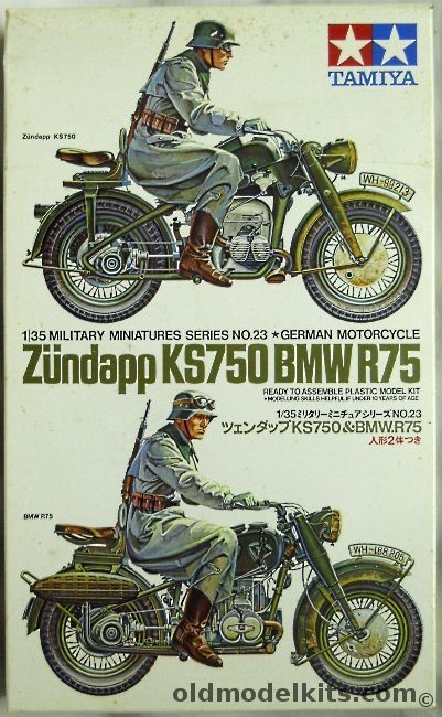 Tamiya 1/35 Zundapp KS750 and BMW R75 Motorcycles With Drivers, 35023 plastic model kit